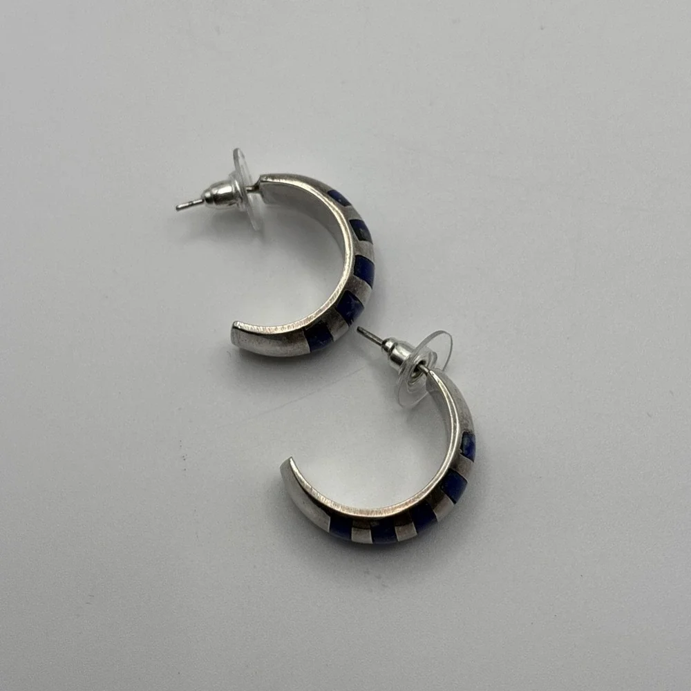 925 Sterling Silver And Lapis Lazuli Inlay Half Hoop Earrings
